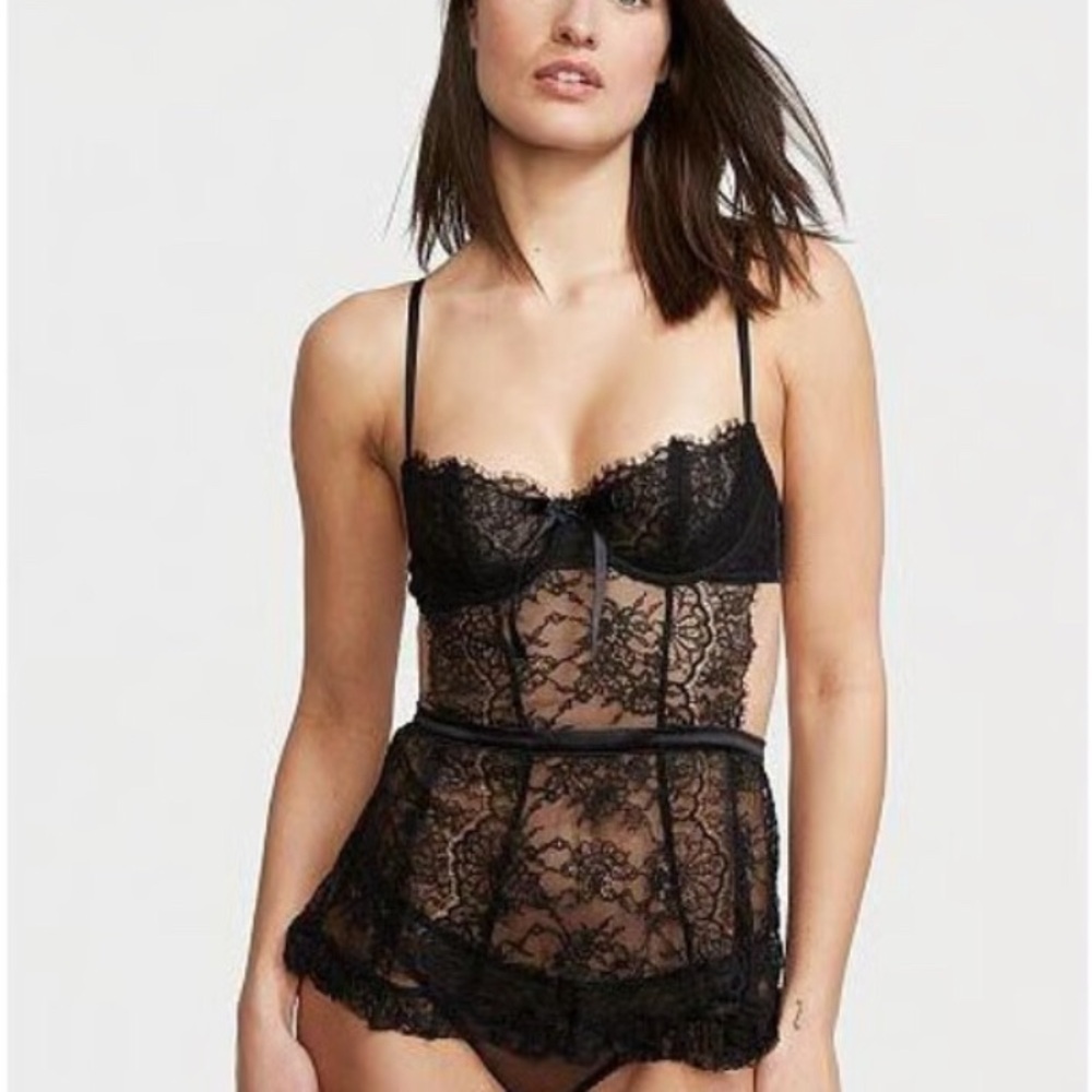 NWT Victoria’s Secret Black Wicked La Fleur Open Back Babydoll Lingerie Top Sz M